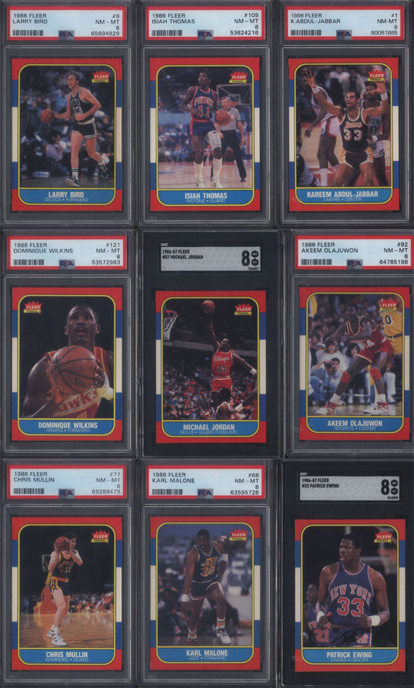 1986 Fleer Basketball Set Break 132 Spot Random Card (Michael Jordan Rookie SGC 8, Akeem Olajuwon PSA 8, Dominique Wilkins PSA 8, etc!)