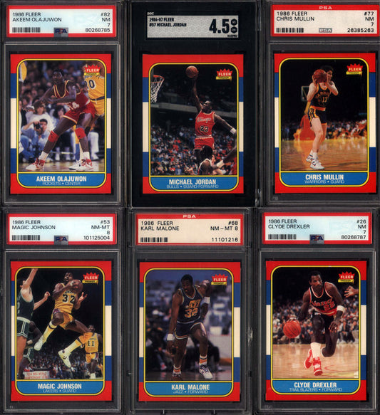 1986 Fleer Basketball Set Break 132 Spot Random Card (Michael Jordan Rookie SGC 4.5, Karl Malone Rookie PSA 8, Akeem Olajuwon Rookie PSA 7, etc!)